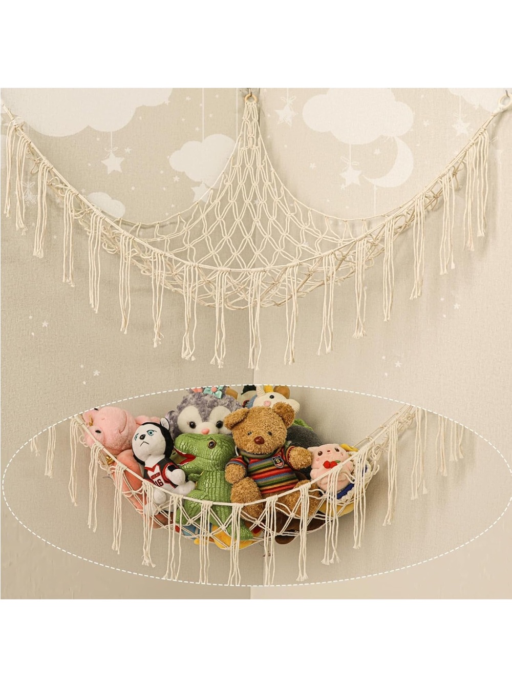 Macramé Wall Hammock Toy Organizer in Cream